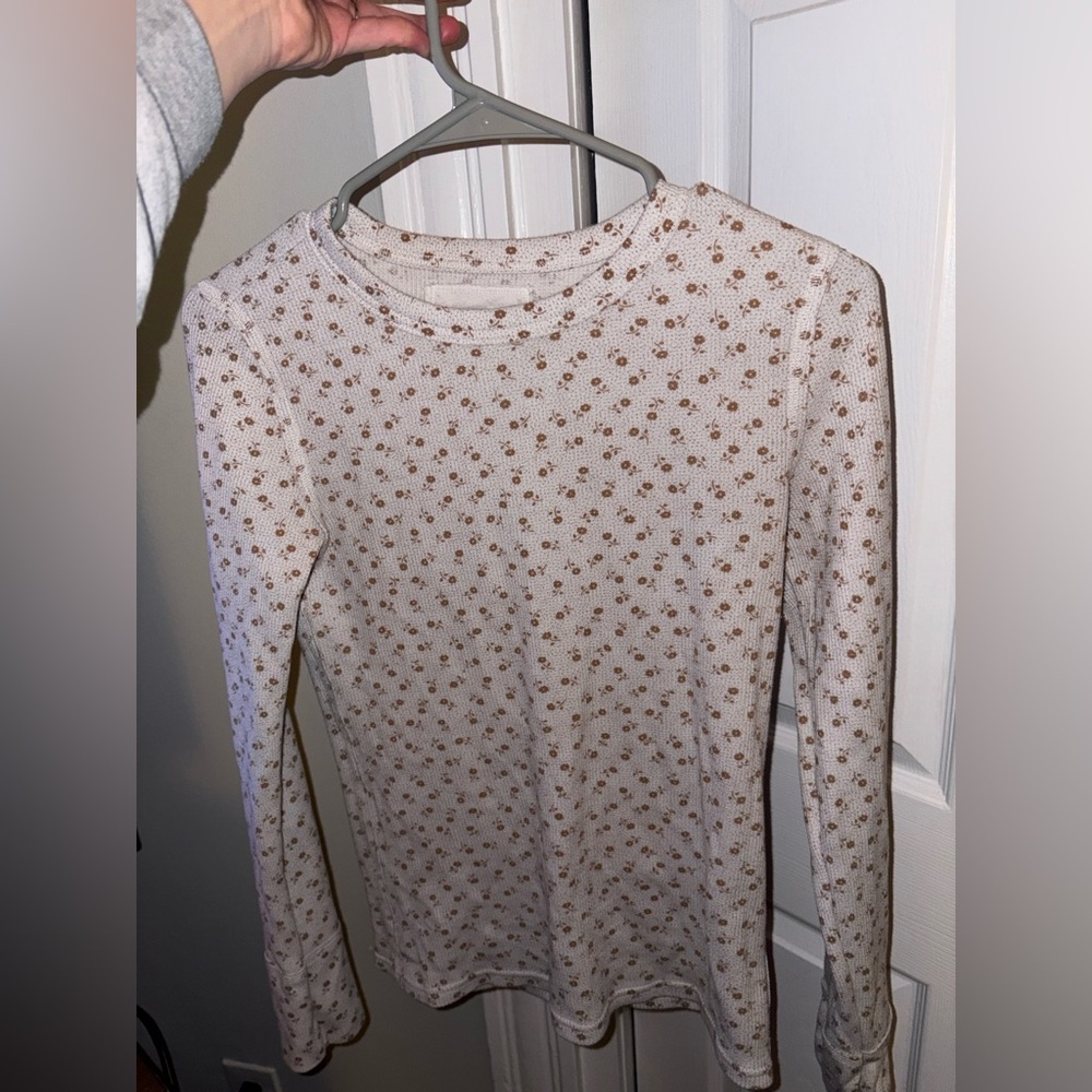aerie Cream Long Sleeve Floral Thermal Tee